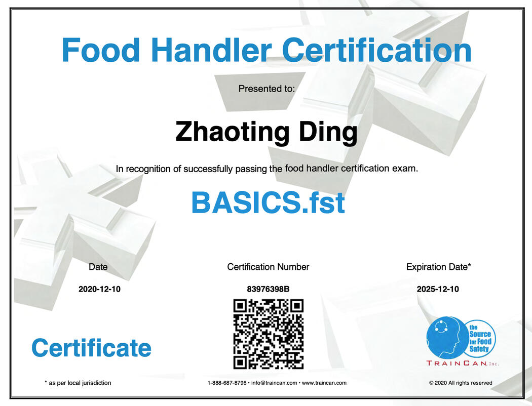 Food Handler Certification, basics.FST training provided by TrainCan