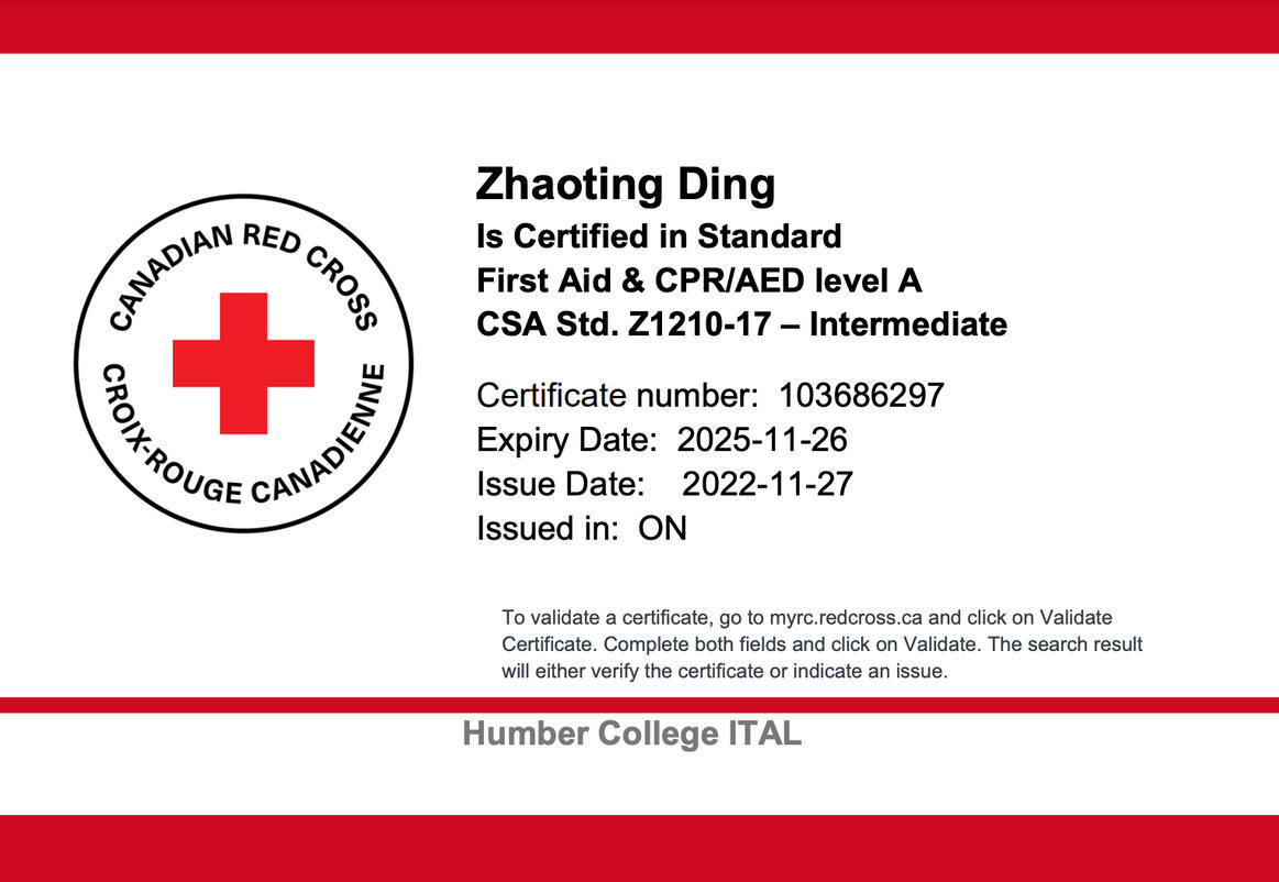 Standard First Aid & CPR-C Certificate, presented by Canadian Red Cross