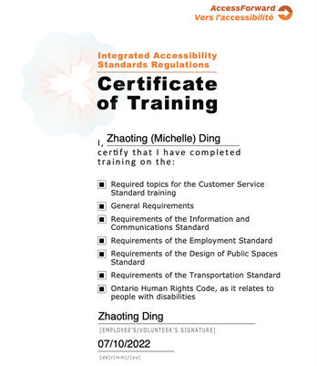 Certificate of AccessForward&#39;s Integrated Accessibility Standards Regulations