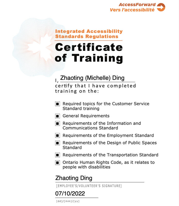 Certificate of AccessForward's Integrated Accessibility Standards Regulations