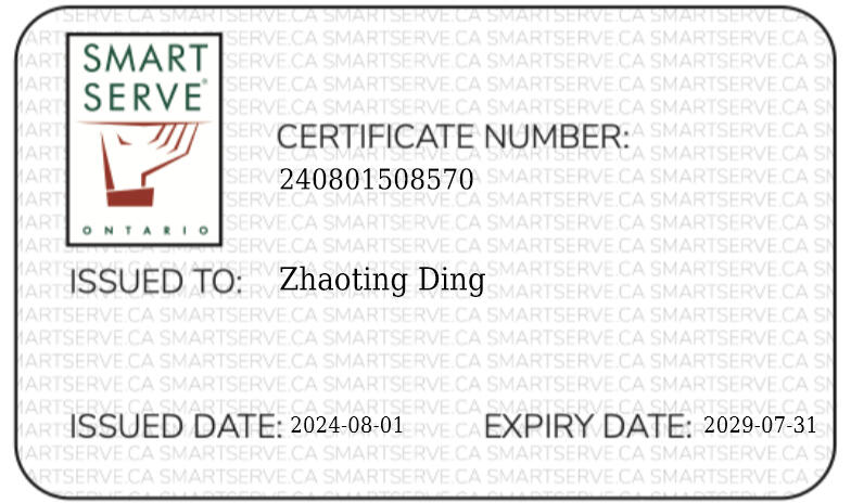 Smart Serve Ontario (Recertified August 2024)